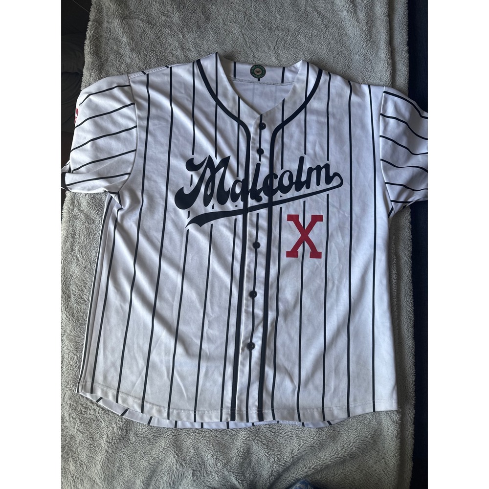 Melanin Apparel Malcolm X Baseball Jersey White Pinstripe Mens 2XL By Any Means